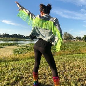 Neon green fringe tassel festival denim jacket